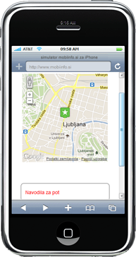 mobilni brskalnik Mobiinfo, zemljevid lokacije objekta