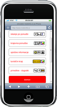 mobilni brskalnik Mobiinfo, meni