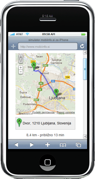 mobilni brskalnik Mobiinfo, navigacija poti do objekta